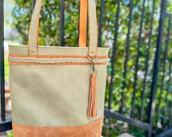 Sage Green Leather Tote Bag, Handmade Leather Tote, Braided Detail Tote, Minimalist Everyday Bag, Leather Carryall, Unlined Leather Tote