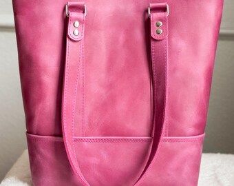 Handmade Leather Tote Bag, Pink Leather Tote Purse, Genuine Leather Handbag, Womens Shoulder Bag, Everyday Leather Tote