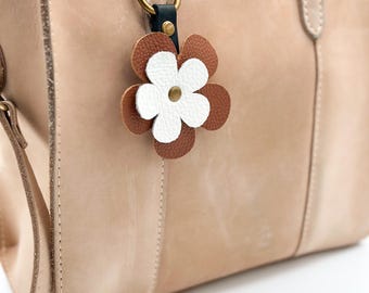 Reclaimed Leather Flower Bag Charm, Handmade Leather Keychain, Upcycled Leather Purse Charm, Clip On Bag Accessory, Unique Gift for Her