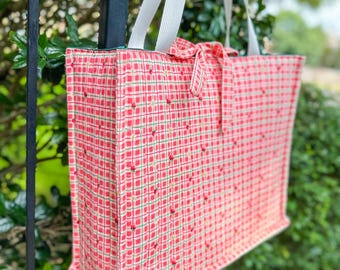 Vintage Fabric Quilted Boxy Tote Bag, Strawberry Plaid Cotton Tote with Waterproof Lining