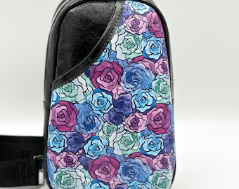 Floral Vinyl Sling Bag, Stained Glass Roses Rosie Sling, Crossbody Backpack, Small One Strap Bag, Travel Bag, Gift for Her