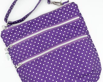 Purple Polkadot Crossbody Bag, Triple Zipper Travel Purse, Lightweight Everyday Bag, Adjustable Strap