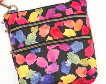 Rainbow Brushstrokes Crossbody Bag, Triple Zipper Travel Purse, Lightweight Everyday Bag, Adjustable Strap