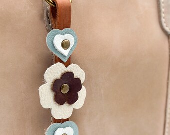 Reclaimed Leather Flower and Heart Bag Charm, Handmade Leather Keychain, Upcycled Leather Purse Charm, Clip On Bag Accessory,  Gift for Her
