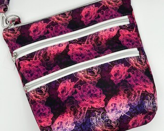 Vibrant Florals Crossbody Bag, Triple Zipper Travel Purse, Lightweight Everyday Bag, Adjustable Strap