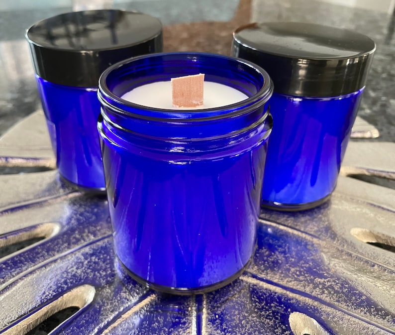 Cobalt Blue Glass Candles With Non Toxic Wood Wicks Etsy