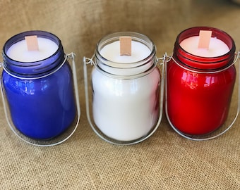 Handmade Mason Jar Candle with Wood Wick: Red, White, or Blue