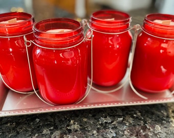 Red Mason Jar Candles with Wood Wicks and wire hangers 18 oz