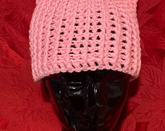 HAT, Pussy Cat Hat, Hand Crochet, Adult, Bold Baby Pink Ribbed