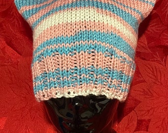 HAT, Pussy Cat Hat, Hand Knit, Adult, Light Blue, White, Light Pink