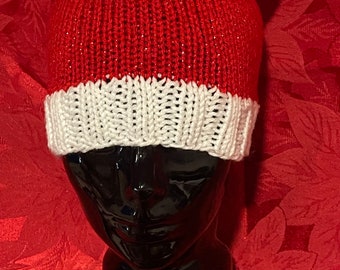 HAT, Pussy Cat Hat, Hand Knit, Adult, Sparkly Red and White