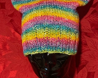 HAT, Pussy Cat Hat, Hand Knit, Adult, Multi Color