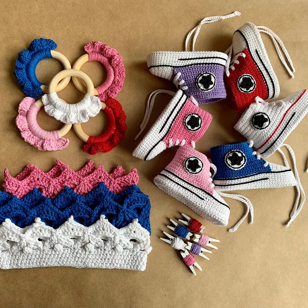 Cute Baby Crochet Converse Gift Handmade Teether and Crown Sneakers Wooden Crochet Teething Ring Baby Reveal Gift Gender Party