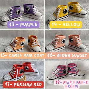 Handmade crochet converse baby booties in different colors purple, yellow, camel hair coat, aloha sunset, persian red and striped pink with purple.