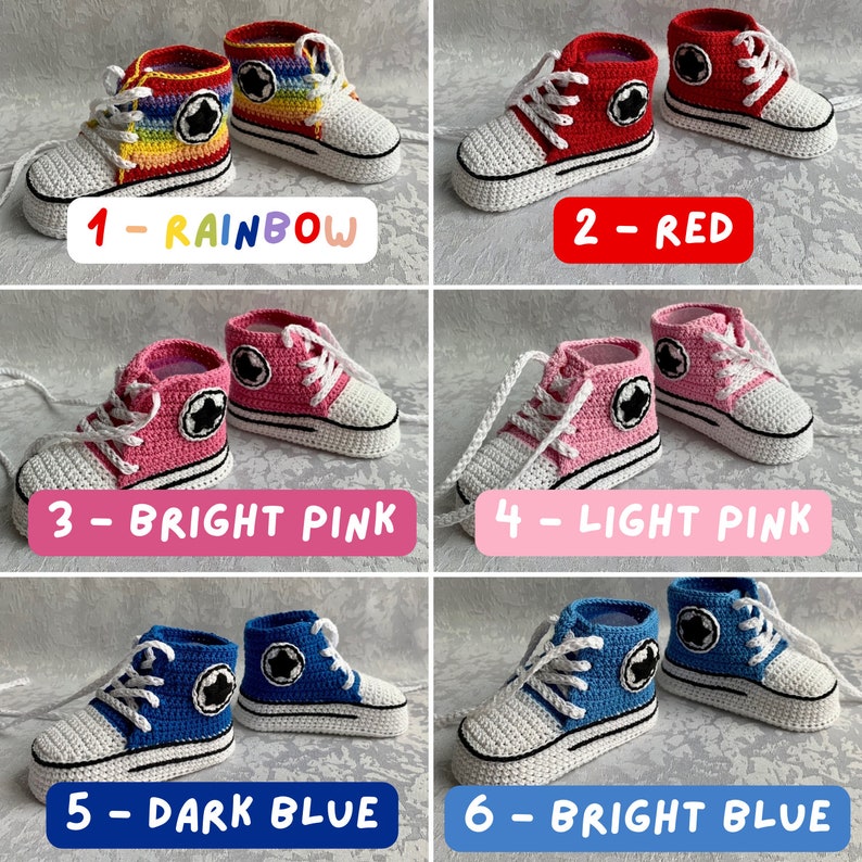 Crochet converse baby booties in different colors rainbow, red, bright pink, light pink, dark blue and bright blue.