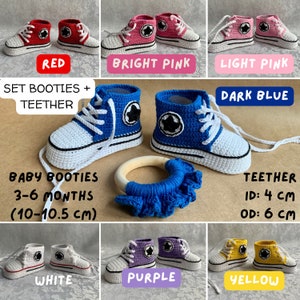 Crochet converse baby booties plus the wooden teether with same color decoration sets in different colors red, bright and light pink, dark blue, white, purple, yellow. This handmade set is for babies 3-6 months, sole length 10-10.5 cm.