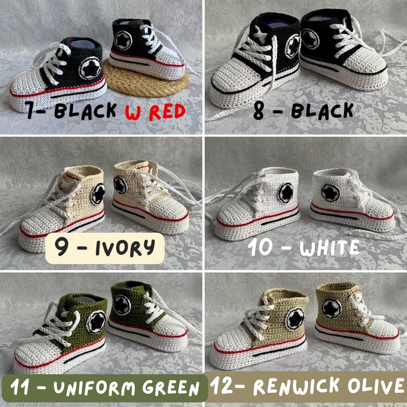 Crochet converse baby booties in different colors black with red stripes on the sole, black, ivory, white, uniform green and renwick olive.