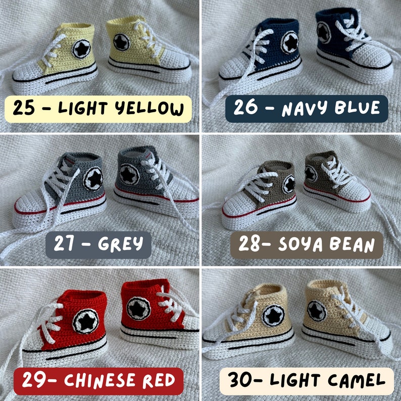 Crochet converse baby booties in different colors light yellow, navy blue, grey, soya bean, chinese red, light camel.