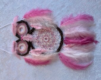 Owl Dreamcatcher Home Wall Room Decor Big Dream Catchers For Wall Pink Feathers Owl Home Gift Handmade Birch Base Cute Owl Present