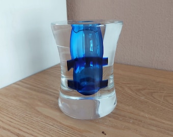 Vintage KUNSTGLAS helder en kobaltblauw glazen kandelaar, Scandinavische zware glazen kandelaar, jaren 1980