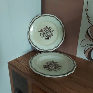 Peut inclure: Deux assiettes en céramique crème avec un motif floral marron. Les assiettes ont un bord festonné et une bordure décorative. Une assiette est ronde, l'autre ovale. Les assiettes sont présentées sur une surface en bois.