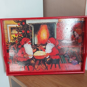 Vintage Scandinavian Wooden Christmas Tray, Christmas Home Decorating, Christmas Serving, Gnome Pattern