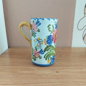 May include: A white ceramic mug with a yellow handle and a floral design in shades of blue, pink, green, and yellow.
