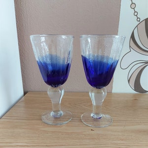 Vintage Hand Blown Bubble Glass Wine Glasses SET 2, Hand Made Glass