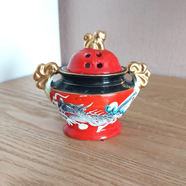 Vintage IMPORT Porcelain Asian Incense Burner, Hand Painted Fragrance Bowl with Dragon Relief, 1970s