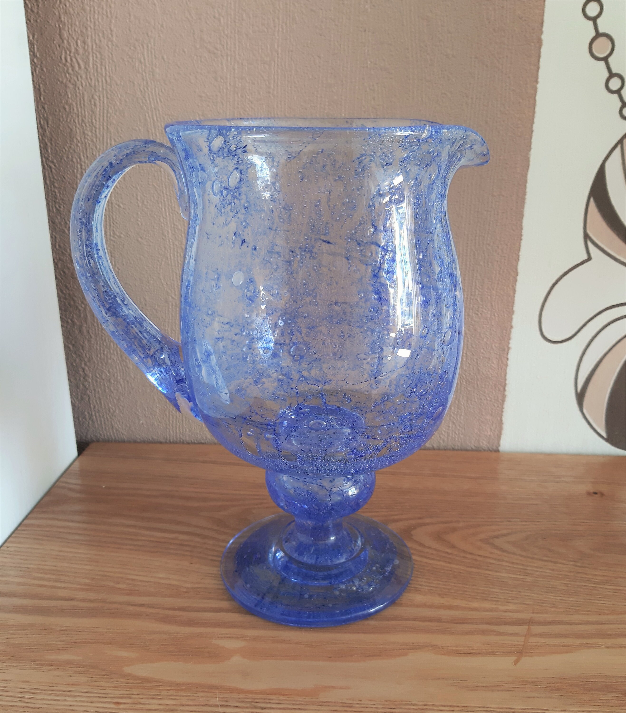 Vintage Large Blue Bubble Glass Jug Hand Blown Glass Etsy