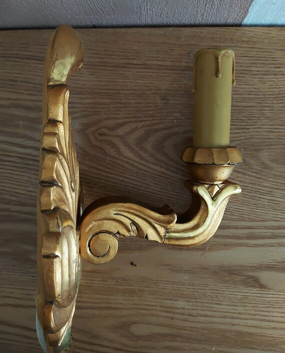 Vintage Scandinavian Gilded Wooden Electric Candle Sconces SET 2