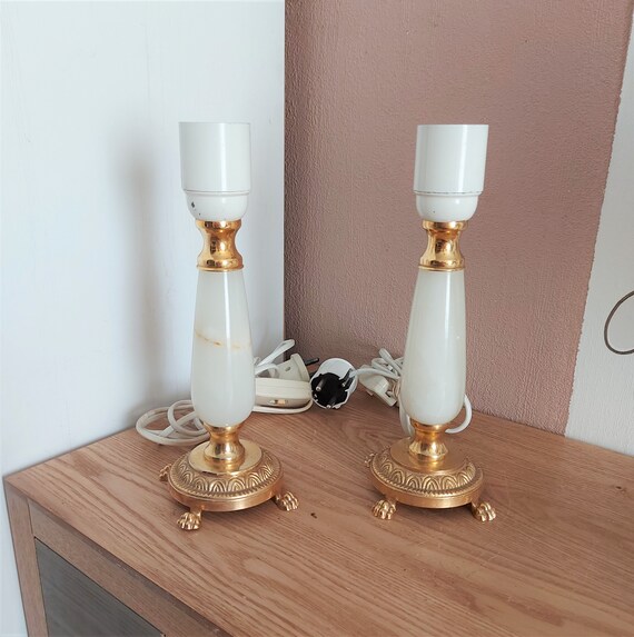 Vintage White and Beige ONYX Lamp SET 2 Marble Table Lamp 1970s