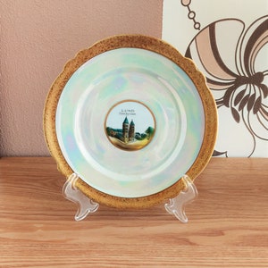 Vintage JLMENAU Graf Von Henneberg Porcelain Plate with LUND CATHEDRAL Motive, Pearl and gold plate, Germany, 1940s