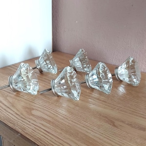 Vintage Large Clear Glass Knobs SET 6, Glass Door Knobs, Cabinet Knobs, Sweden, 1960s