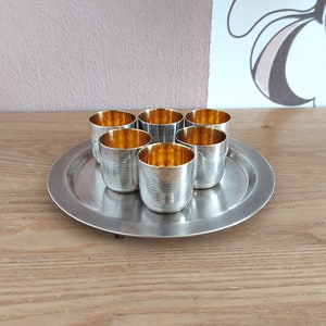 Vintage Cupronickel Gilding Vodka Shot SET 7, Shot glasses and Tray, USSR, 1970s