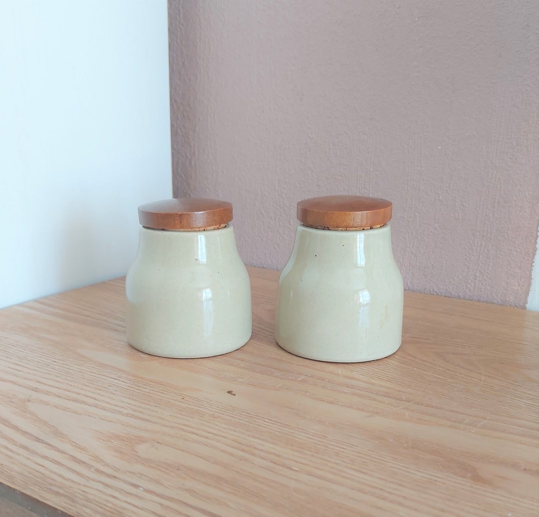 Vintage Ceramic Jar With Wooden Lid SET 2, Spice Jar, Kitchen Jar