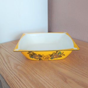 Vintage Enamel Bowl with Flowers Pattern, Metal Yellow Bowl, USSR, 1980s