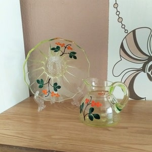 Vintage JOHANSFORS GLASBRUK Swedish Art Glass Hand Painted Bowl and Creamer, Retro light green SET 2 with flowers motive, Sweden, 1940s