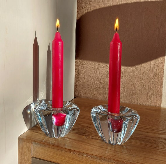 Vintage ORREFORS Stella Glass Candle Holders SET 2, Sweden, 1960s