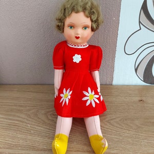 Vintage Soft Plastic Doll, Vintage Girl Toy, Red Dress Doll