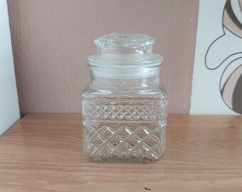 Vintage WEXFORD patroon keuken glazen pot, getextureerde glazen voorraadpot, VS, jaren 70