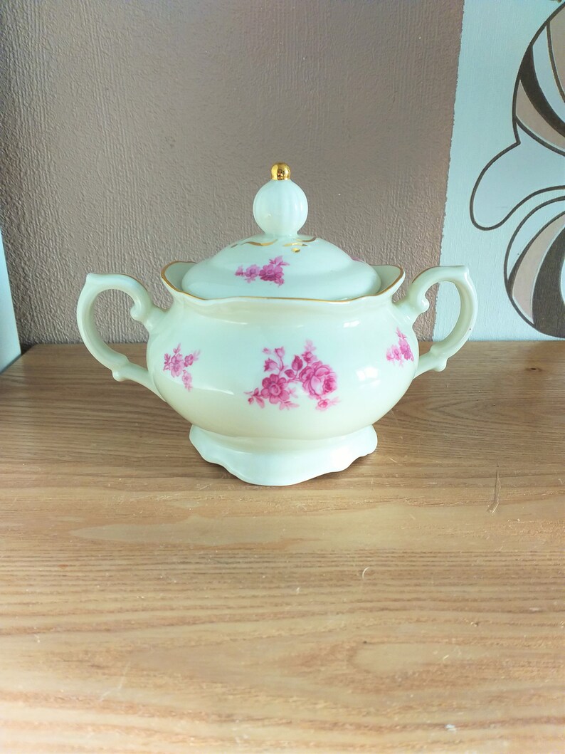 Vintage Porcelain Sugar Pot With Flowers Motive Norway 1950s Etsy