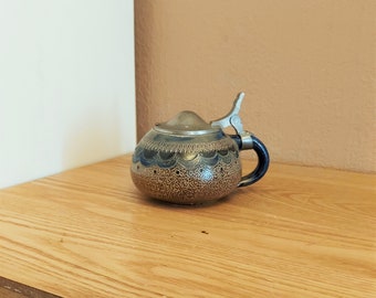Vintage keramische MOSTERD pot met blik deksel en handvat, vintage steengoed keuken pot