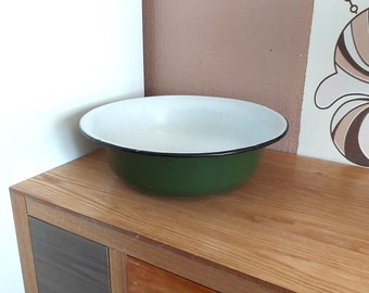 Vintage Green and White Enamel Bowl, USSR, 1960s