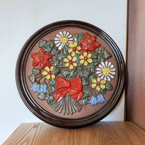 Vintage GABRIEL Ceramic Large Wall Plaque with Wildflowers Bouquet, Sweden, 1970s