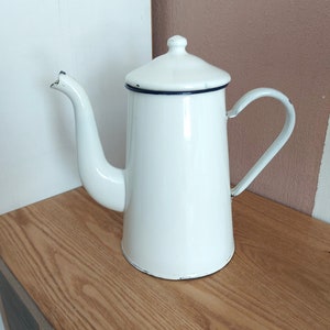 Vintage French White and Blue Metal Enamel Coffee Pot, France, 1930s