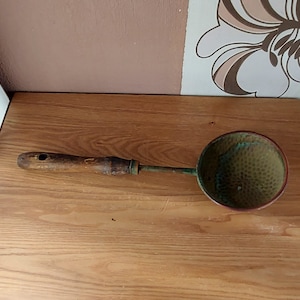 Vintage Copper Ladle with Wooden Handle, Old Metal Ladle
