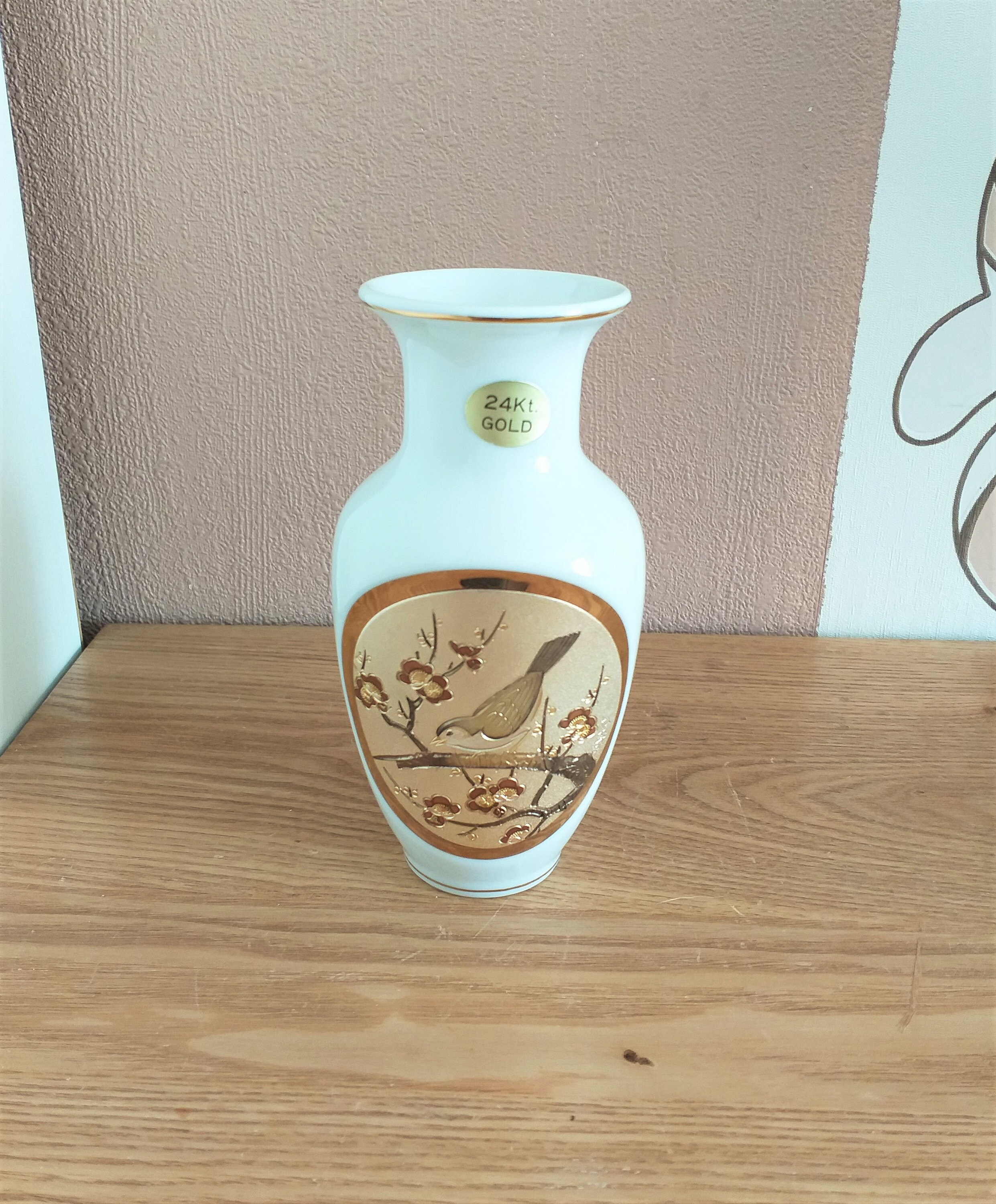 【内祝い】 Vintage Japanese CHOKIN Vase With 24K Gold Edged and Metal 木工、竹工芸
