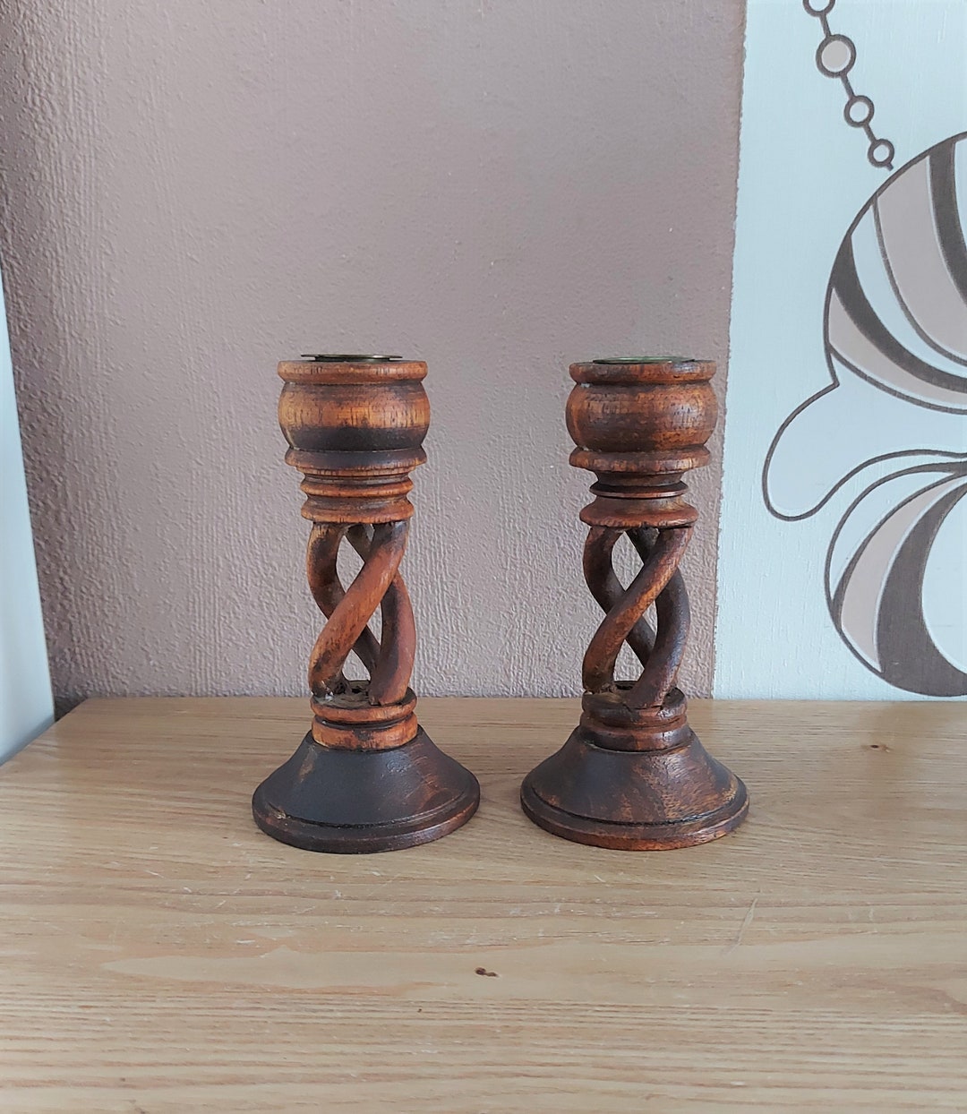 Vintage Wooden Twisted Hand Made Сollapsible Candlestick Holder SET 2 ...