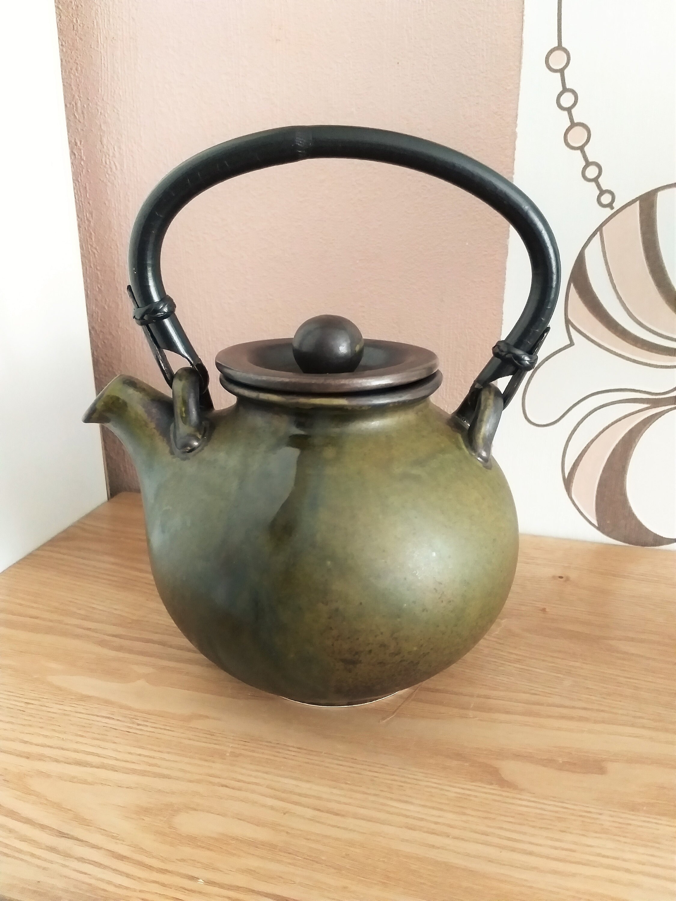 Vintage Ceramic Dark Green TEAPOT With Wooden Handle Glossy Etsy